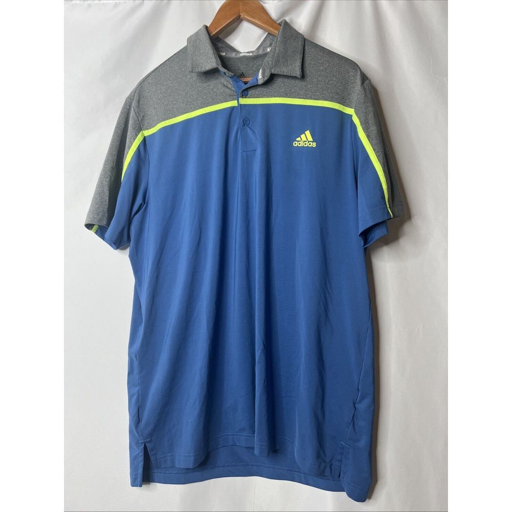 Adidas Golf Polo Shirt Men's Casual‎ Blue Gray Yellow Button Short Sleeve L